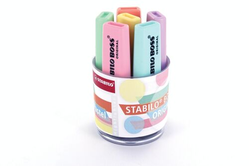 Surligneurs - Pot x 6 STABILO BOSS ORIGINAL Pastel - touche de turquoise + menthe à l'eau + teint de pêche + soupçon de rose + crème de jaune + brume de lilas