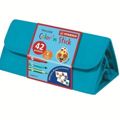 STABILO color'n stick Malset x 42-teilig: 22 Filzstifte + 12 Buntstifte + 8 Emoticon-Textilaufkleber in den Farben des bunten Sets (6 Blau und 6 Rosa)