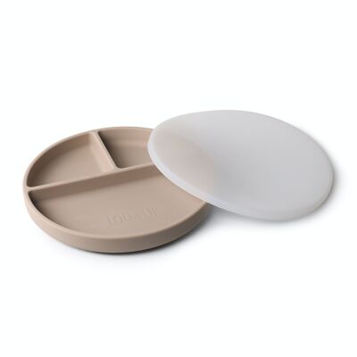 Compartment Plate with Suction Cup and Beige Lid.