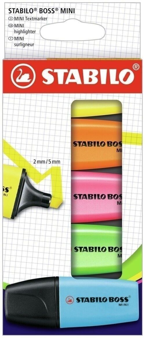Surligneurs - Etui carton x 5 STABILO BOSS MINI - bleu + vert + rose + orange + jaune