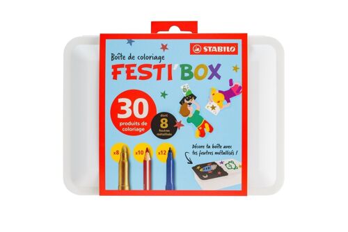 Boîte de coloriage à décorer FESTI'BOX STABILO x 30 pièces : 8 feutres métallisés + 12 feutres + 10 crayons de couleur