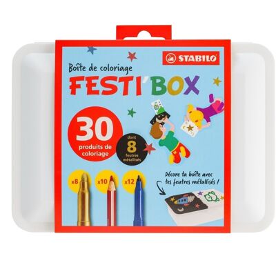 Boîte de coloriage à décorer FESTI'BOX STABILO x 30 pièces : 8 feutres métallisés + 12 feutres + 10 crayons de couleur