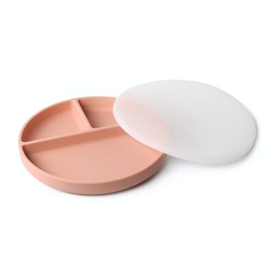 Assiette avec couvercle et ventouse pour enfants avec compartiments en Silicone Peach