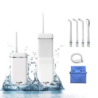 AQUAPIK MINI, IRRIGADOR BUCAL PORTÁTIL, TANQUE DE AGUA RETRÁCTIL. IRRIGADOR DENTAL RECARGABLE PARA VIAJES Y OFICINA. CARGA USB, 4 BOQUILLAS, 3 POTENCIAS, IMPERMEABLE, PARA TODA LA FAMILIA (BLANCO)