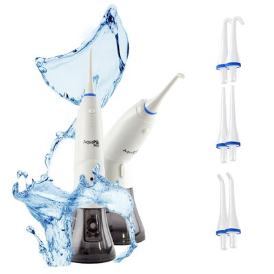AQUAPIK 500, PORTABLE ORAL IRRIGATOR WITH UNIQUE DESIGN DEFORMABLE REMOVABLE WATER TANK. RECHARGEABLE DENTAL IRRIGATOR FOR TRAVEL AND OFFICE. 6 NOZZLES, 4 MODES, WATERPROOF IPX7 (WHITE)