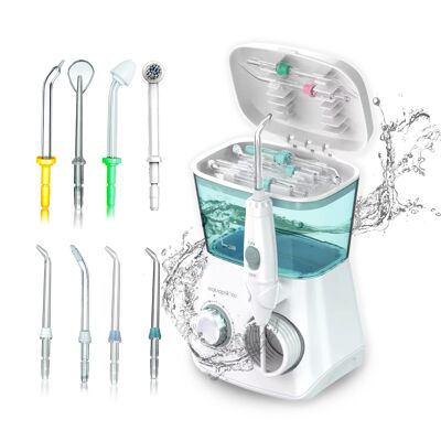 AQUAPIK 100 - IRRIGADOR DENTAL Y NASAL PROFESIONAL CON 8 BOQUILLAS MULTIFUNCIONALES 10 NIVELES DE POTENCIA CAPACIDAD 600 ML. RECOMENDADO A NIVEL MUNDIAL. IDEAL PARA TODA LA FAMILIA