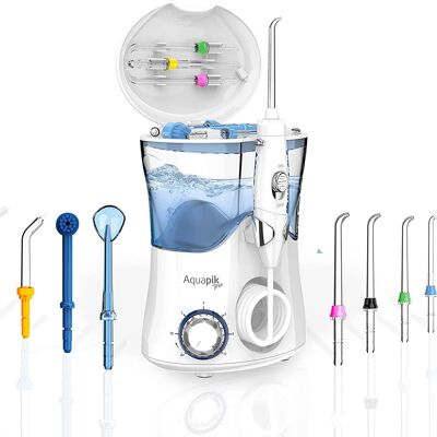 AQUAPIK PRO - ORAL IRRIGATOR - PROFESSIONAL DENTAL IRRIGATOR, 8 NOZZLES, 10 POWER LEVELS, 600 ML TANK. OF WATER AND TRAVEL BAG RECOMMENDED BY DENTISTS (WHITE)