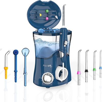 AQUAPIK PRO - ORAL IRRIGATOR - PROFESSIONAL DENTAL IRRIGATOR, 8 NOZZLES, 10 POWER LEVELS, 600 ML TANK. OF WATER AND TRAVEL BAG RECOMMENDED BY DENTISTS (BLUE)