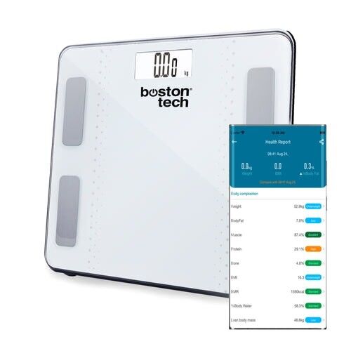 BÁSCULA DE BAÑO DIGITAL GRASA CORPORAL, BALANZA BLUETOOTH INTELIGENTE CON APP, 13 MEDICIONES DE PESO, ANÁLISIS CORPORAL. COMPATIBLE ANDRIOD Y IOS. MÁX.180KG. DIETA GRATIS PARA BAJAR DE PESO (BLANCA)