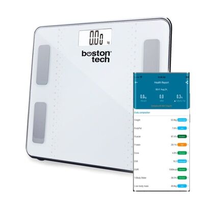 DIGITAL BATHROOM SCALE BODY FAT, SMART BLUETOOTH SCALE WITH APP, 13 WEIGHT MEASUREMENTS, BODY ANALYSIS. COMPATIBLE ANDROID AND IOS. MAX.180KG. FREE DIET TO LOSE WEIGHT (WHITE)