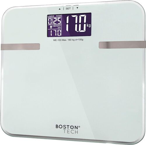 BOSTON TECH ME-103 BÁSCULA INTELIGENTE ALTA PRECISIÓN, BÁSCULA DE BAÑO DIGITAL, DIAGNÓSTICO PESO CORPORAL MASA MUSCULAR GRASA CORPORAL, VISCERAL AGUA CORPORAL MASA ÓSEA Y METABOLISMO ACTIVO (BLANCO)