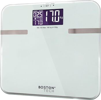 BOSTON TECH ME-103 BALANCE INTELLIGENTE DE HAUTE PRÉCISION, BALANCE DE SALLE DE BAIN NUMÉRIQUE, DIAGNOSTIC POIDS CORPOREL MASSE MUSCULAIRE GRAISSE CORPORELLE, EAU CORPORELLE VISCÉRALE MASSE OSSEUSE ET MÉTABOLISME ACTIF (BLANC)