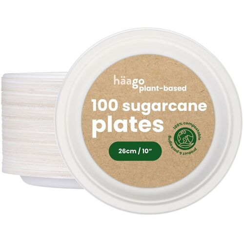 100 Recyclable Sugarcane Plates 26cm/10"