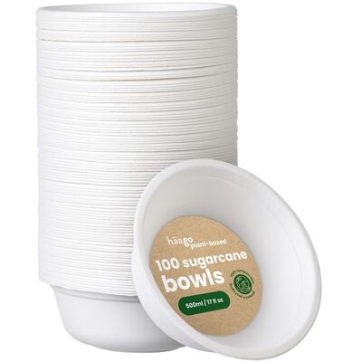 100 Recyclable Sugarcane Bowls 500ml/17fl oz