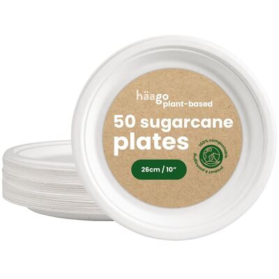 50 Recyclable Sugarcane Plates 26cm/10"