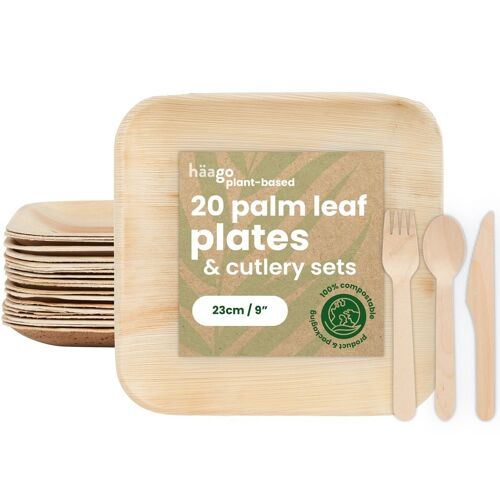 20 Palm Leaf Plates & Cutlery Sets