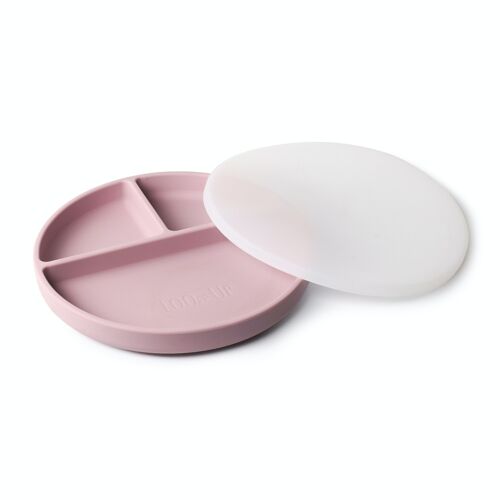 Assiette ventouse avec couvercle pour enfant avec compartiments en silicone rose
