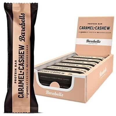 BAREBELLS - Barretta proteica (proteine: 20 g) - Copertura di cioccolato al latte, gusto Caramello e Anacardi - (Caramello Anacardi) - Scatola da 12 barrette da 55g