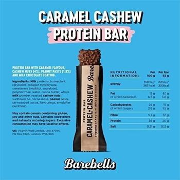 BAREBELLS - Barre protéinée (protéines : 20 g) - Enrobage chocolat au lait, saveur Caramel et noix de Cajou -(Caramel Cashew) - Boîte de 12  barres de 55g 5