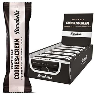 BAREBELLS - Protein bar (protein: 20g) - Milk chocolate coating, Cookies and Cream flavor - Box of 12 bars of 55g