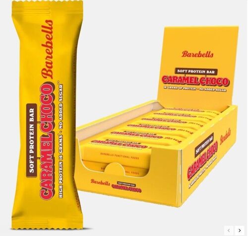 BAREBELLS - Barre protéinée (protéines : 16 g) - Chocolat au lait crémeux, caramel doux - (Soft protein Bar Caramel Choco) - Boîte de 12  barres de 55g