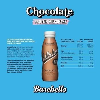 BAREBELLS - Milkshake Protéiné - Saveur Chocolat (Chocolate) - Sans lactose - Boîte de 8 bouteilles de 330 ml - Nutri-score A 5