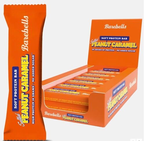 BAREBELLS - Barre protéinée (protéines : 16 g) - Enrobage Chocolat au lait, saveur Cacahuètes salées / Caramel - (Soft Protein Bar Peanut Caramel) - Boîte de 12 barres de 55g