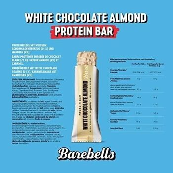 BAREBELLS - Barre protéinée (protéines : 20 g) - Enrobage chocolat blanc, saveur amande et caramel - (White Chocolate Almond) - Boîte de 12  barres de 55g 5