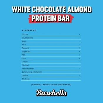 BAREBELLS - Barre protéinée (protéines : 20 g) - Enrobage chocolat blanc, saveur amande et caramel - (White Chocolate Almond) - Boîte de 12  barres de 55g 6