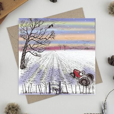 Cartolina d'auguri con trattore nella neve