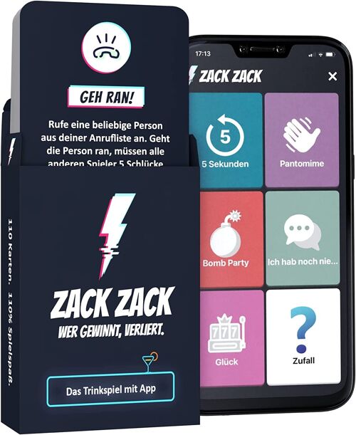Zack Zack - Kartenspiel - Trinkspiel mit App - 110 Spielkarten