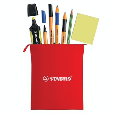 Trousse télétravail GREEN STABILO x 7 pièces : 1 GREEN BOSS jaune + 2 GREENpoint noir & bleu + 2 pointball noir & bleu + 1 GREENgraph HB + 1 bloc de notes adhésives en papier FSC