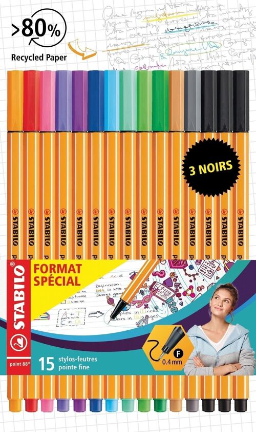 Stylos-feutres - Etui carton x 15 STABILO point 88 "FORMAT SPECIAL"