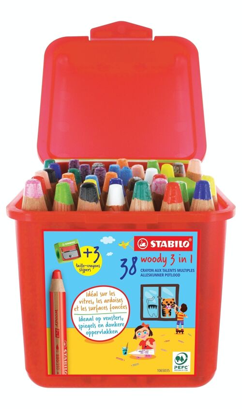Crayons multi-talents - Schoolbox x 38 STABILO woody 3 in 1 + 3 taille-crayons