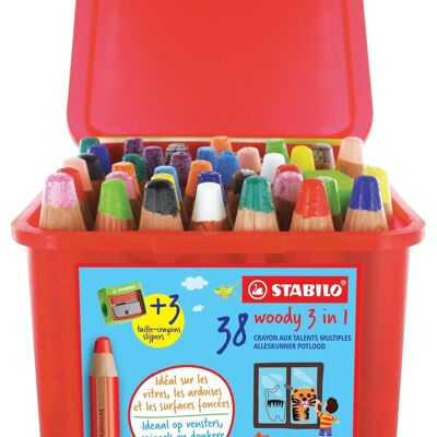 Crayons multi-talents - Schoolbox x 38 STABILO woody 3 in 1 + 3 taille-crayons