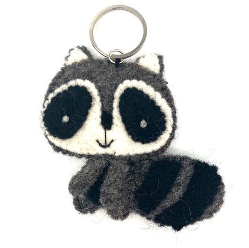 sustainable raccoon / panda keychain - flat - gray with big black eyes - felt wool - handmade in Nepal