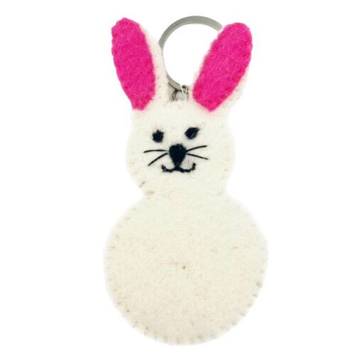 sustainable rabbit keychain - flat - cream with pink - felt wool - handmade in Nepal