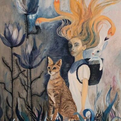 Artprint "LES COMPAGNONS" fille avec chat