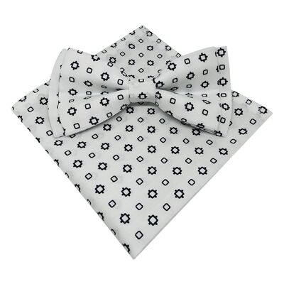 White bow tie with black patterns with pocket
