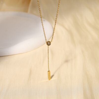 Gold Y square necklace with rhinestones and bar