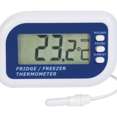 Fridge and freezer thermometer with internal sensor and alarm