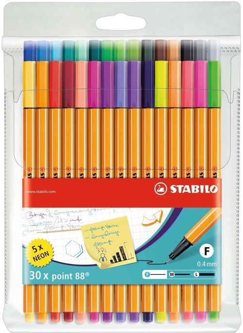 Stylos-feutres - Pochette x 30 STABILO point 88 - coloris assortis dont 5 fluo