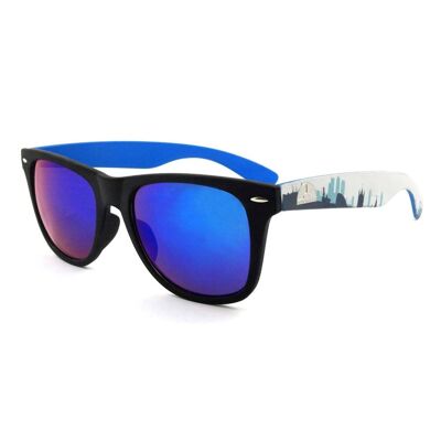 East Village Klassische 'Sandler' Retro-Sonnenbrille in Schwarz/Blau/Skyline