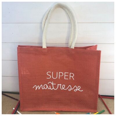 Jute-Einkaufstasche „Super Mistress“ (Schule, Geschenk zum Schuljahresende, Dankeschön, Kind, Feiertage)