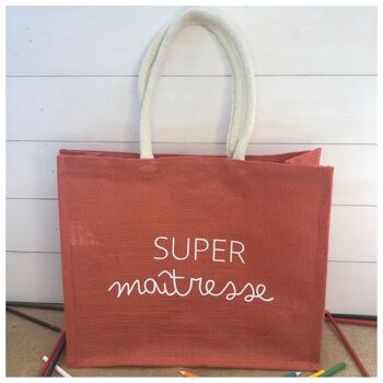 Sac Cabas en jute "Super Maîtresse" (école, cadeau fin d'année scolaire, merci, enfant, vacances) 1