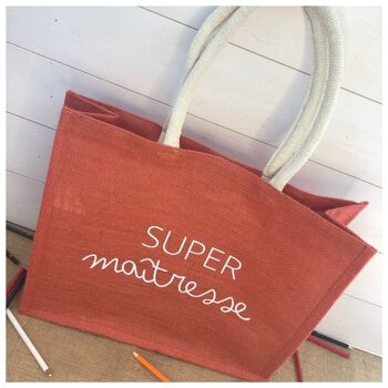 Sac Cabas en jute "Super Maîtresse" (école, cadeau fin d'année scolaire, merci, enfant, vacances) 2