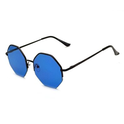 East Village 'Hector' Lentes de sol hexagonales negros con lentes azules