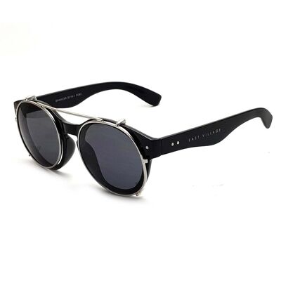 Gafas de sol redondas 'Brawler' de East Village, negras y metálicas con lentes ahumados sólidos