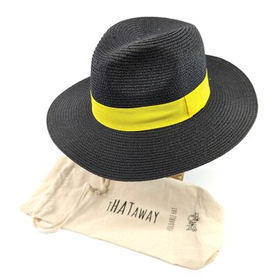 Chapeau de soleil de voyage pliable de style Panama - Noir et jaune (57 cm)
