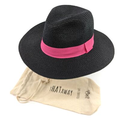 Chapeau de soleil de voyage pliable de style Panama - Noir et rose (57 cm)